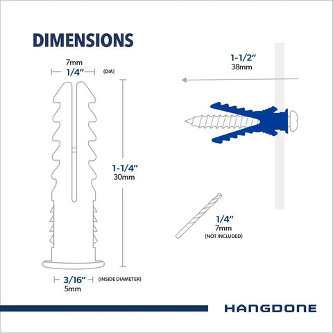 Diagram of Ribbed Nylon Wall Anchors Set One And One Quarter Inch With Screws Blue For Drywall And Concrete Sizes Ten To Twelve.