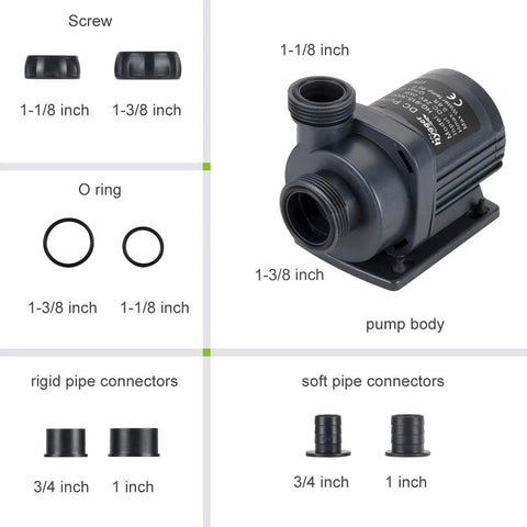 hygger 800GPH submersible water pump with controller; includes screws, O-rings, rigid and soft pipe connectors