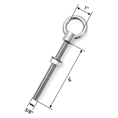 Stainless Steel Shoulder Eye Bolts 3 Eighths by 4 Inches 304 Marine Grade, includes threaded bolt with nut shown with dimensions