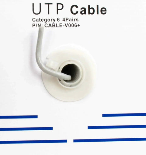 Close-up of Dope 500 Foot Cat6 Bulk Ethernet Cable 23 AWG CCA UTP Indoor Network Cable Gray from pull box spool