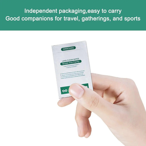 Hand holding XL Lens Wipes 200 Count Ammonia Free Streak Free for Glasses Sunglasses, highlighting individual packaging.