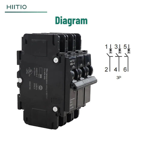 Side view of AC Miniature Circuit Breaker 60 Amp 120 To 240 Volts Three Pole DIN Rail Mount 35 mm UL 489 Listed showing diagram.