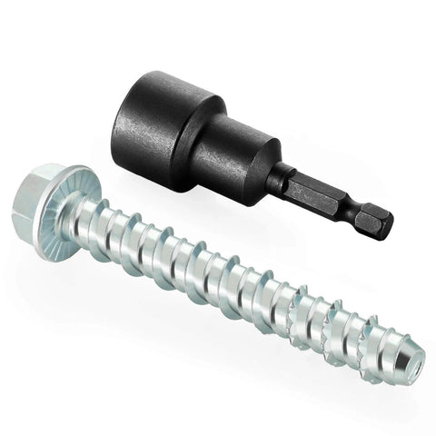 Three Eighths Inch By Four Inch Zinc Plated Large Diameter Concrete Screw For Anchoring To Masonry Concrete Brick Or Block Pack Of 25 With Included Socket Tool For Heavy Duty Use