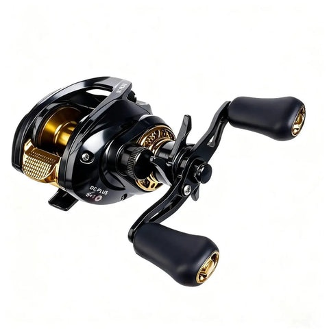 Baitcasting fishing reel in black and gold, side view with dual brake system, right-hand retrieve