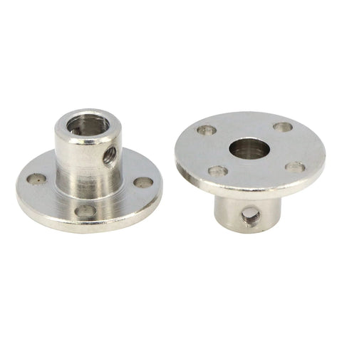 Pair of silver 6mm rigid flange shaft couplers with mounting holes for motor shaft connection