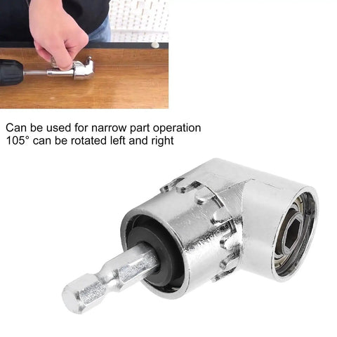 Close-up of 105° right-angle screwdriver bit adapter with chrome metal shank