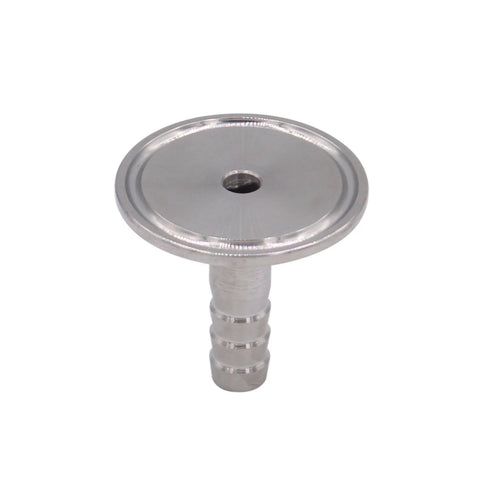 Stainless steel 1.5in tri-clamp to 0.5in hose barb adapter, SUS304, front view.