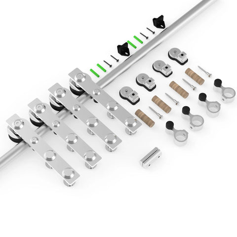 8Ft Stainless Steel Sliding Barn Door Hardware Kit With Heavy Duty Track And Silent Glide, components displayed on white background