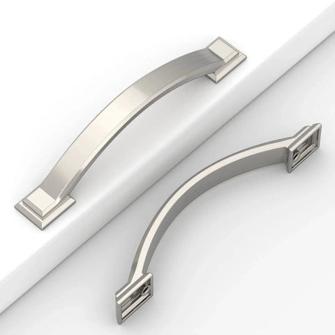 10 Pack Brushed Satin Nickel Cabinet Pulls With 4 Inch Hole Centers Arch Style Handles angled view on white surface