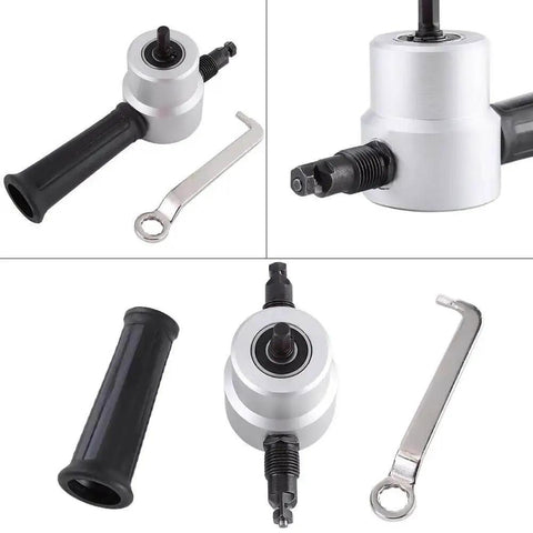 Pro Grade Metal Sheet Cutter Kit with Double Head Drill Attachment shown with handle and wrench for metalworking and DIY projects.
