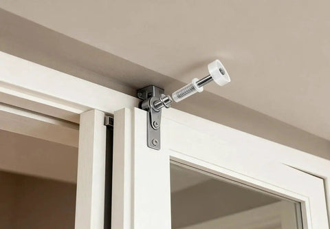 Installed Bi-Fold Door Top Roller Guide Wheel Set, showcasing spring loaded nylon wheel with metal shaft for closet doors.