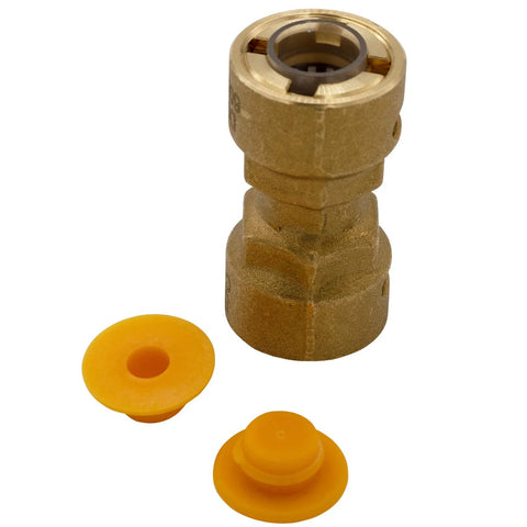 Supplying Demand SB1 3/8 inch brass HVAC quick-connect coupler with two yellow protective caps