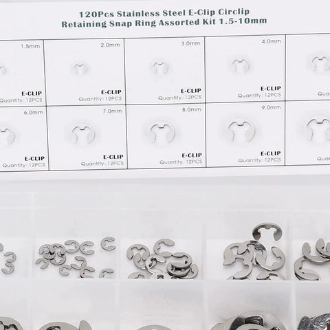 120 Piece External E Clip Circlip Retaining Ring Set Stainless Steel For Quick Fixes And DIY Projects One Point Five Mm To Ten Mm Range With Rustproof Burr Free Design For Indoor And Outdoor Use shown in packaging