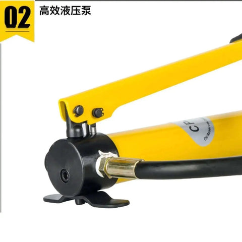 Close-up of yellow Beefy Hydraulic Knockout Punch Kit handle and base, designed for precision hole punching in metal sheets and iron.