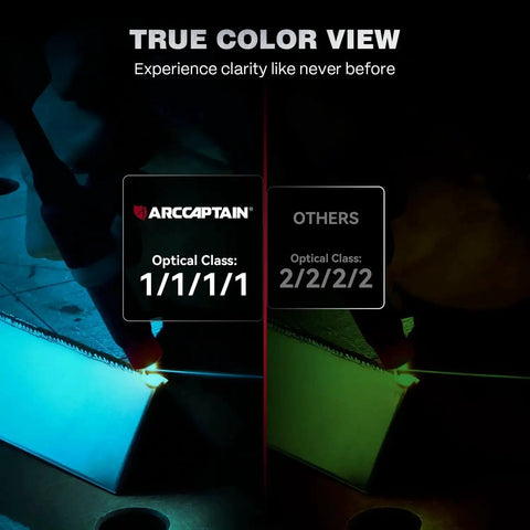 Comparison of welding views showing true color view with Auto Darkening Welding Helmet With True Color View image on left side