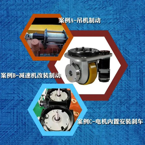 Electromagnetic holding brake collage showing three components: motor-mounted brake, crane brake, DC24V.