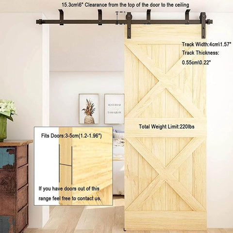Ceiling Mount Sliding Barn Door Hardware Kit for Closet, 12 Foot Track System Fits 72 Inch Wide Single Wood Door Panel, installed view