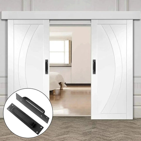Two Pack Sliding Barn Door Handle Set In Black 7.9 Inch Aluminum Alloy Door Pull installed on white double barn doors