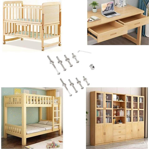 Flat Head Socket M6 Furniture Screws Set With 50 Pieces Of 20mm Screws, 50 M6 Fully Threaded Bolts And 1 Hex Spanner, Ideal For Cabinets, Bed Frames, Tables, DIY Renovation And Decor Projects, Durable Carbon Steel Construction displayed with wooden crib, desk, bunk bed, and cabinet.