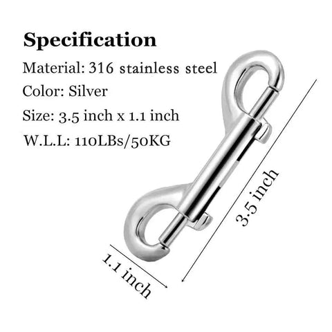 Double Ended Bolt Snap Hooks Stainless Steel Heavy Duty 3.5 Inch Pack Of 6, showing specifications and silver hook dimensions.