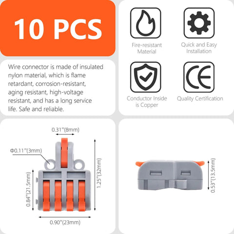 10 Pack Lever Wire Connectors For Quick DIY Wiring, 1 Inch 4 Output Terminal Block dimensions and fire-resistant material features
