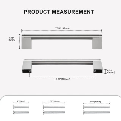 Brushed Nickel Cabinet Pulls Set of 5, 6.25 Inch Hole Spacing, 14mm Tube Diameter, with measurements and mounting screws shown