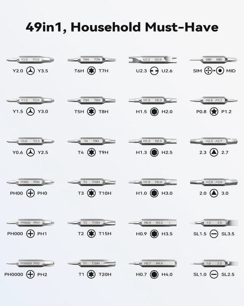 Chart showing 49 double-sided bits of the 49in1 All In One Precision Screwdriver Set Magnetic Mini Tool Kit, labeled with types and sizes.
