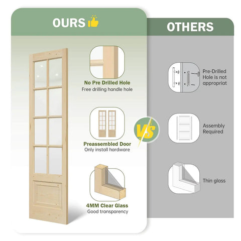 Comparison of a Preassembled Double 30x84 Inch Clear Glass French Interior Door With 5.5Ft Barn Door Hardware Kit Included and a standard door showing benefits of pre-drilled holes, assembly, and glass thickness.
