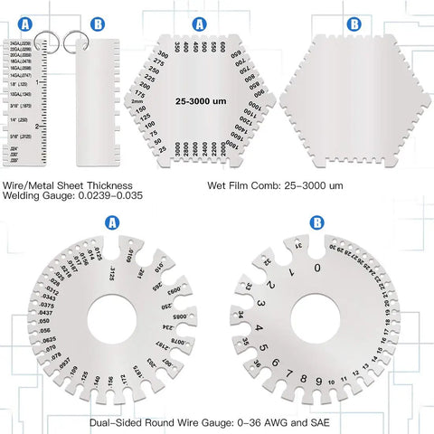 Pro Grade Welding Gauge Kit From Glarks 3 Pack featuring stainless steel gauges for thickness measurement, 25 to 3000um.