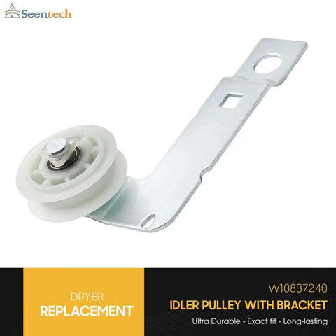 Upgraded Dryer Idler Pulley With Enhanced Ball Bearings For Whirlpool And Kenmore Dryers Exact Fit Replacement Replaces 279640 W10118756 W10547290 PS11726337 3387372 3388674 W10118754 front view with bracket