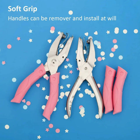 3 Piece Metal Handheld Paper Punch Set with Circle Star Heart Shapes shown with soft grip handles