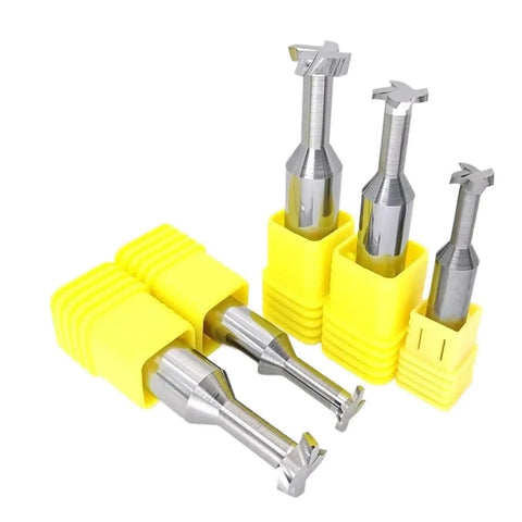 T Slot Milling Cutter Tungsten Steel Alloy For Aluminum Copper And Wood Machining Heavy Duty Pro Grade, multiple pieces in yellow holders