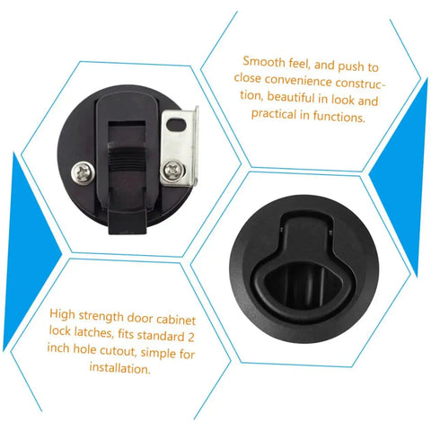 Round black plastic flush pull slam latch for boats and RVs; front and side views.