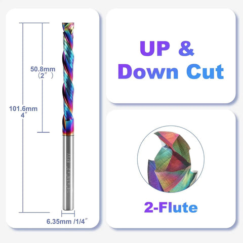 Pro Grade One Quarter Inch Shank Compression Router Bit Extra Long Four Inch Overall Length Two Inch Cutting Length DLC Coated Up Down Cut Solid Carbide CNC End Mill For Wood MDF Acrylic PVC Woodworking with dimensions and 2-flute up-down cut design.