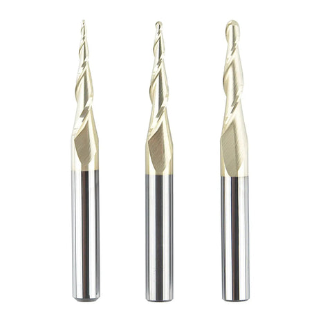 Image of a Pro Grade Carbide Ball Nose Router Bit Set For CNC Engraving And Wood Carving 1/64in 1/32in 1/16in Radius 2 Flute Spiral End Mills.