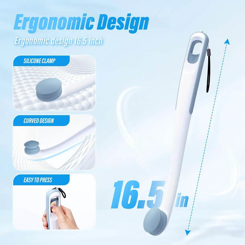 Butt Wiper Tool With Replaceable Head And 16.5 Inch Handle Locking Mushroom Head Toilet Aid shown with ergonomic design and features.