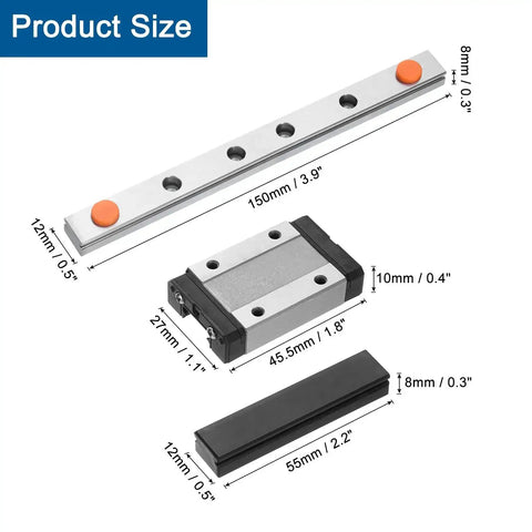 Dimensions of 150mm MGN12 Linear Guide Rail Kit with MGN12H carriage block and mini guide for DIY 3D printers and CNC machines
