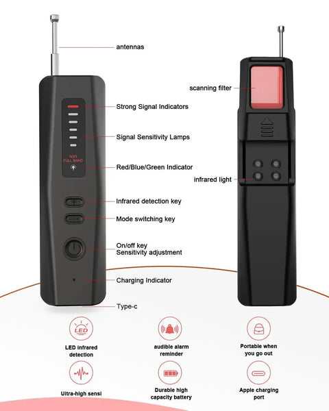 Five In One Hidden Camera Detector With RF Wireless Scanner And GPS Tracker Finder For Hotels Travel Home And Office 2025, front and side view, showing controls and antennas.