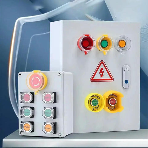 Control panel with Green Yellow 22mm Emergency Stop Button Switch, red E-stop, keycap, and panel mount for industrial safety.
