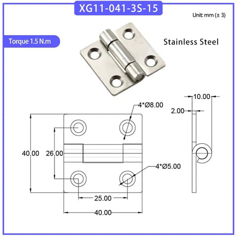 Front view: stainless steel square damping hinge, 40x40 mm plate, four Ø8 mm holes, 1.5 Nm torque, model XG11-041-3S-15