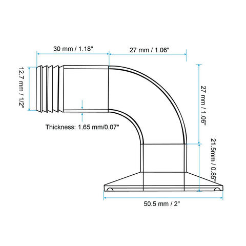 90 degree elbow tri-clamp hose barb fitting, 0.5 in tube, 50.5 mm ferrule, 304 stainless steel.