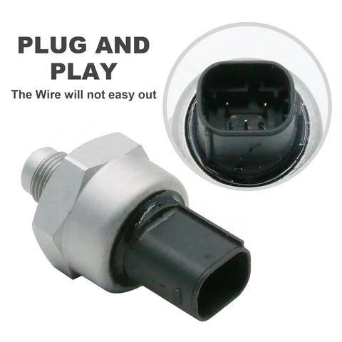 Brake fluid pressure sensor; metal body with black plastic connector, side view.