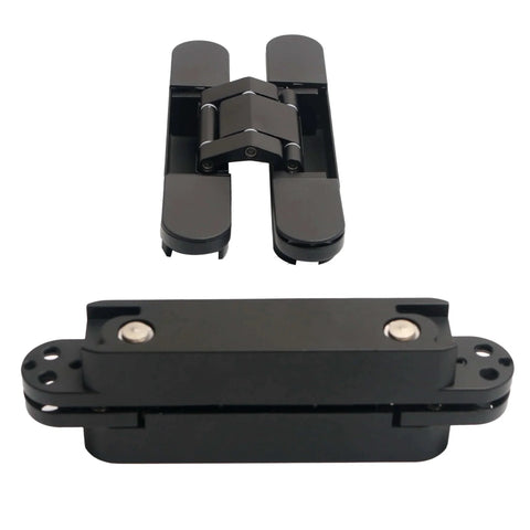 Hidden Door Hinges Heavy Duty Black Zinc Alloy 6 Inch By 2.5 Inch By 1 Inch Concealed Hinges showing 180 degree swing positions