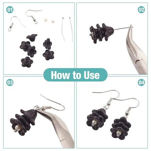 Steps to make earrings with Black Acrylic Flower Bead Caps 100 Pcs Five Petal Frosted Resin Flower Spacers for DIY Jewelry Making.