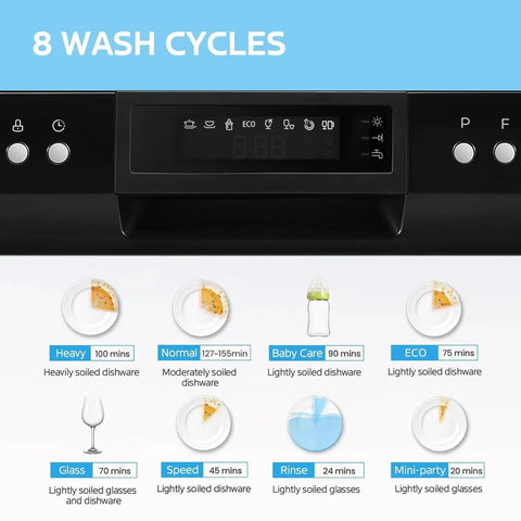 Countertop Energy Star Dishwasher With 6 Place Settings And 8 Programs For Dorms showing 8 wash cycle options