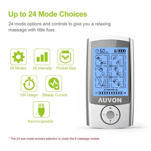 Rechargeable TENS Unit Muscle Stimulator With 24 Modes 4th Generation Pain Relief Device, screen displaying modes, AUVON