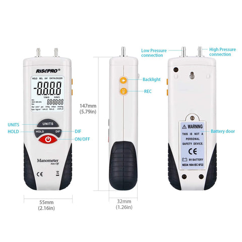 Risepro digital manometer HVAC gauge, white handheld with LCD, black grip, yellow hold and DIF buttons, top connectors.