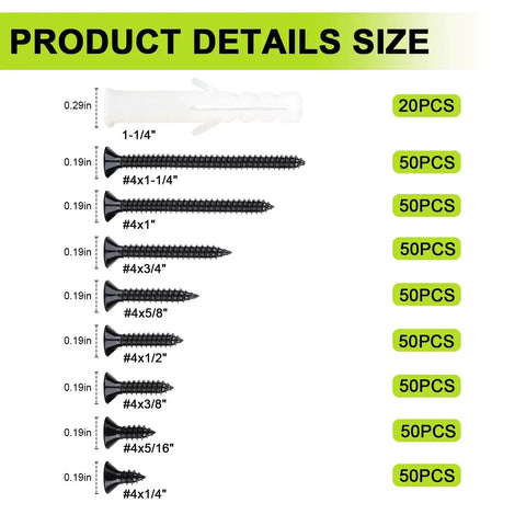 Size Four Flat Head Wood Screws Assortment Kit, 420 Pieces, Black Phillips Short Screws, Carbon Steel, size details view