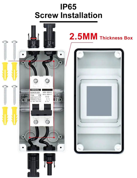 15 Amp Solar DC Disconnect Switch Outdoor Breaker Box with IP65 waterproof UV resistant shell, components visible
