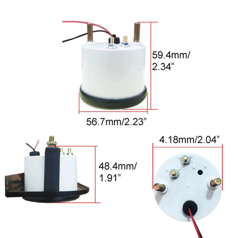 Back view of Three In One Auto Gauge Meter Kit 52mm For 12V Cars Trucks Tractors And Marine Engines showing dimensions and connectors.